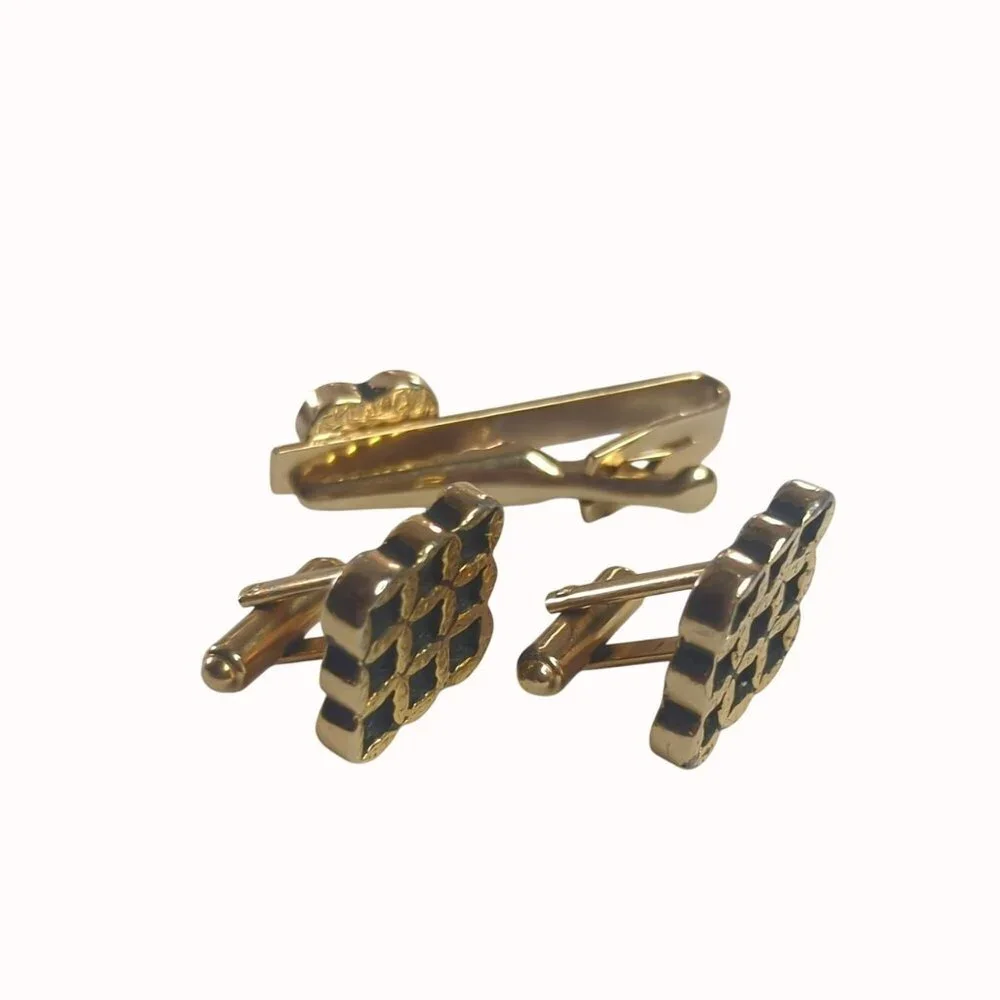 Vintage Black Gold Tone Square Grid Cufflinks and Tip Clip Set